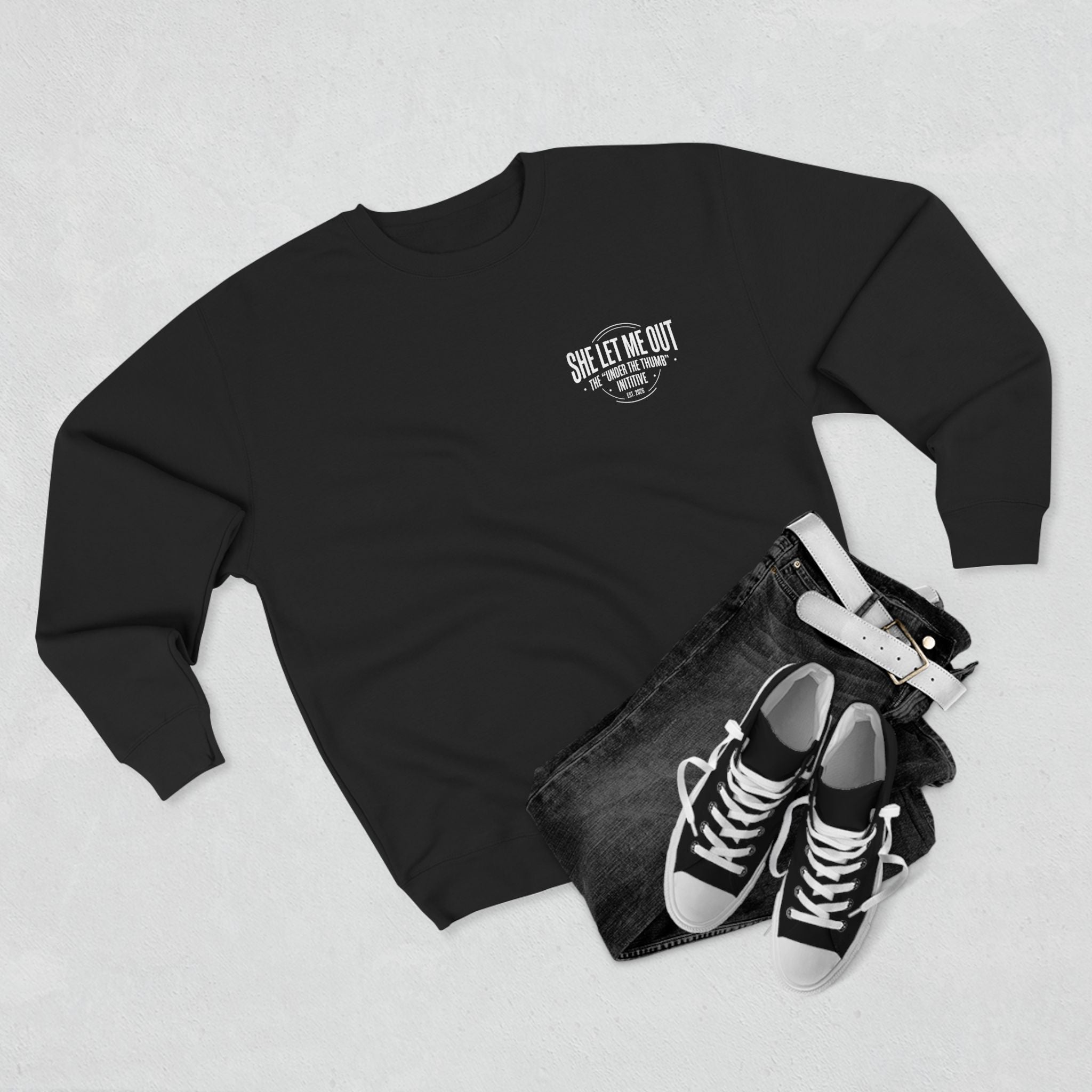 'SHE LET ME OUT' CREW NECK SWEATSHIRT, MEN'S